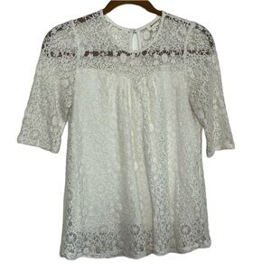 MONTEAU Ivory lace blouse lined keyhole back liner tank embroidered lace top